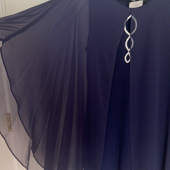 Navy blue mid length formal gown with sheer cape, draping around front and back - Picture 2 of 9